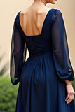 Long Sleeve Navy A Line Ruched Midi Wedding Guest Dress