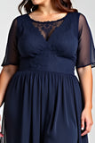 Navy A Line Plus Size Wedding Guest Dress With Lace