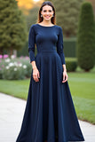 Navy A Line Round Neck Long Mother of the Bride Dress