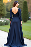 Navy A Line Round Neck Long Mother of the Bride Dress