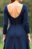 Navy A Line Round Neck Long Mother of the Bride Dress