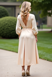 Champagne A Line Tea-Length Mother of the Bride Dress with Long Sleeves