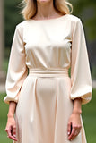 Champagne A Line Tea-Length Mother of the Bride Dress with Long Sleeves