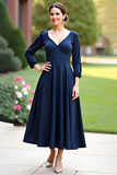 Navy Tea Length Wedding Guest Dress with Long Sleeves