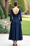 Navy Tea Length Wedding Guest Dress with Long Sleeves