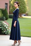 Navy Tea Length Wedding Guest Dress with Long Sleeves