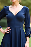 Navy Tea Length Wedding Guest Dress with Long Sleeves