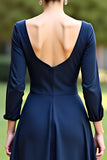 Navy Tea Length Wedding Guest Dress with Long Sleeves