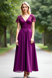 V-Neck Lace A Line Long Plum Wedding Guest Dress