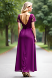 V-Neck Lace A Line Long Plum Wedding Guest Dress