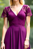 V-Neck Lace A Line Long Plum Wedding Guest Dress