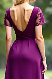 V-Neck Lace A Line Long Plum Wedding Guest Dress