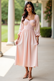 Pink A Line Tea-Length Wedding Guest Dress