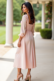 Pink A Line Tea-Length Wedding Guest Dress