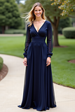 Chiffon Long Sleeve V-Neck Navy Mother of the Bride Dress