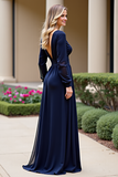 Chiffon Long Sleeve V-Neck Navy Mother of the Bride Dress