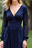 Chiffon Long Sleeve V-Neck Navy Mother of the Bride Dress