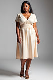 Champagne A Line Plus Size Midi Wedding Guest Dress