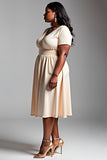 Champagne A Line Plus Size Midi Wedding Guest Dress