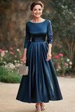 A Line Satin Tea-Length Navy Mother of the Bride Dress