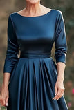 A Line Satin Tea-Length Navy Mother of the Bride Dress