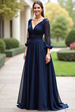 A Line V-Neck Navy Wedding Guest Dress with Long Sleeves