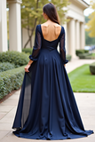 A Line V-Neck Navy Wedding Guest Dress with Long Sleeves