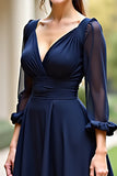 A Line V-Neck Navy Wedding Guest Dress with Long Sleeves