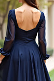 A Line V-Neck Navy Wedding Guest Dress with Long Sleeves