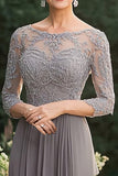 Grey A Line Chiffon Lace Pleated Mother of the Bride Dress