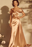 Gold Off The Shoulder Satin Mother of the Bride Dress