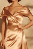 Gold Off The Shoulder Satin Mother of the Bride Dress