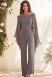 Off The Shoulder Ruffled Grey Mother Of The Bride Outfit with Long Sleeves