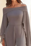 Off The Shoulder Ruffled Grey Mother Of The Bride Outfit with Long Sleeves