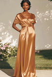 Gold V-Neck Satin Long Wedding Guest Dress