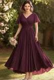 V-Neck Burgundy A Line Pleated Wedding Guest Dress