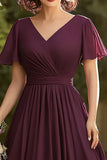 V-Neck Burgundy A Line Pleated Wedding Guest Dress