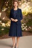 Navy Long Sleeve Chiffon Lace Knee-Length Mother of the Bride Dress