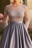 Long Sleeve A Line Lace Satin Dusk Mother of the Bride Dress