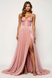 Glitter Blush Pink A Line Long Prom Dress With Slit