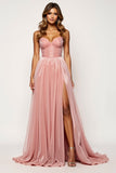 Glitter Blush Pink A Line Long Prom Dress With Slit