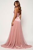 Glitter Blush Pink A Line Long Prom Dress With Slit