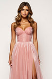 Glitter Blush Pink A Line Long Prom Dress With Slit