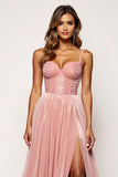 Glitter Blush Pink A Line Long Prom Dress With Slit