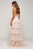 Candy Pink V-Neck Ruffled Tulle Long Prom Dress