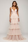 Candy Pink V-Neck Ruffled Tulle Long Prom Dress