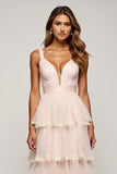 Candy Pink V-Neck Ruffled Tulle Long Prom Dress