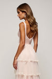 Candy Pink V-Neck Ruffled Tulle Long Prom Dress