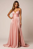 Satin A Line Blush Pink Prom Dress With Slit