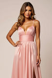 Satin A Line Blush Pink Prom Dress With Slit